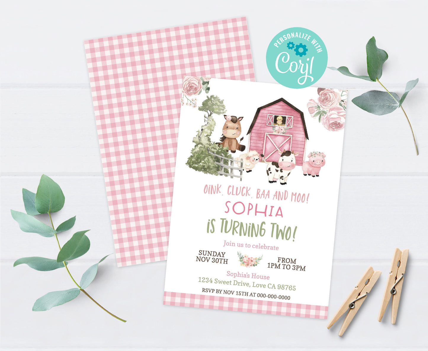 Floral Farm Birthday Invitation | Editable Girl Barnyard Party Invite - 11A