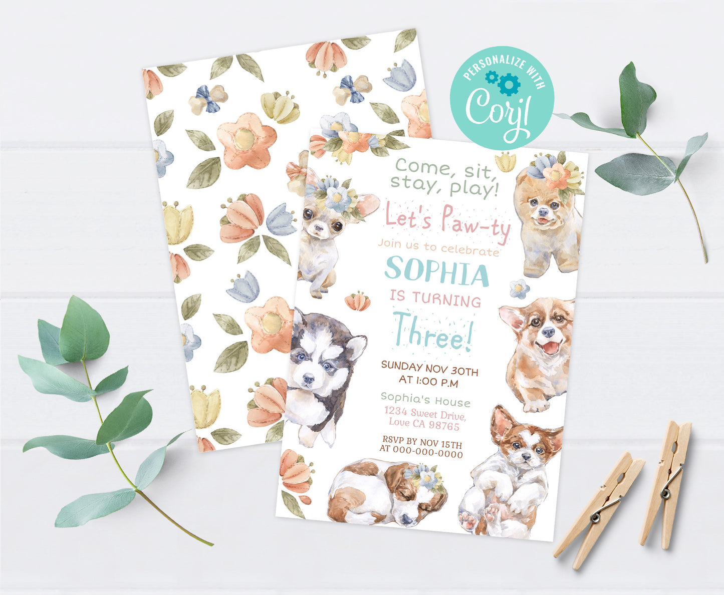 Girl Dog Birthday Invitation | Puppy Party Invite - 72A