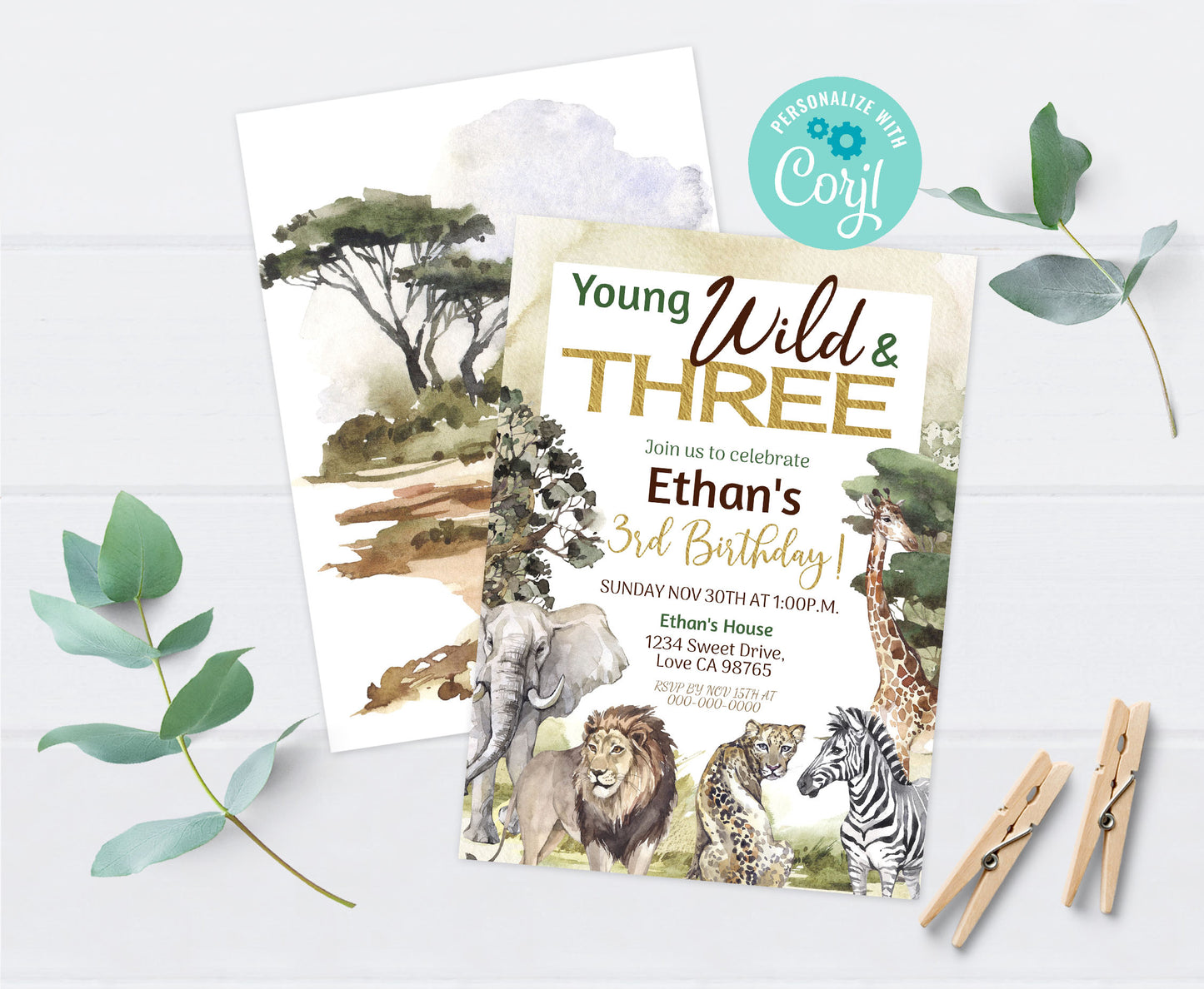 Young wild and three Birthday Invitation | Safari 3rd birthday Party Invite - 35I