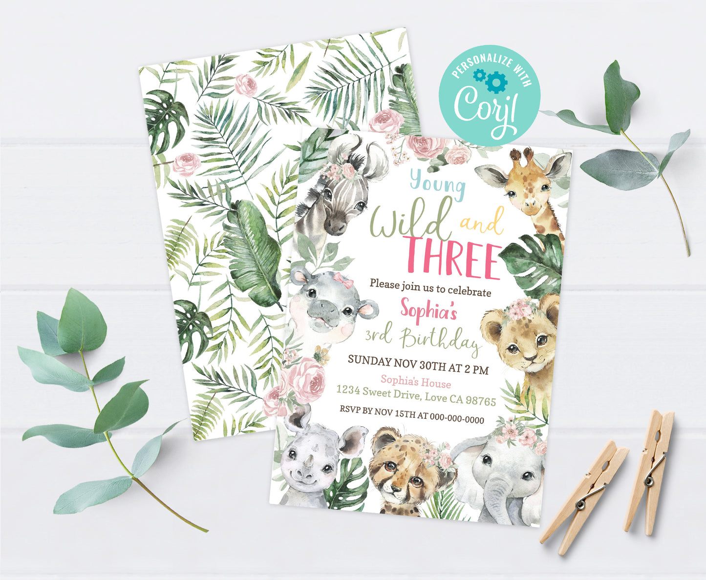 Young Wild and Three Invitation Girl | Floral Safari 3rd Birthday Party Invite - 35A