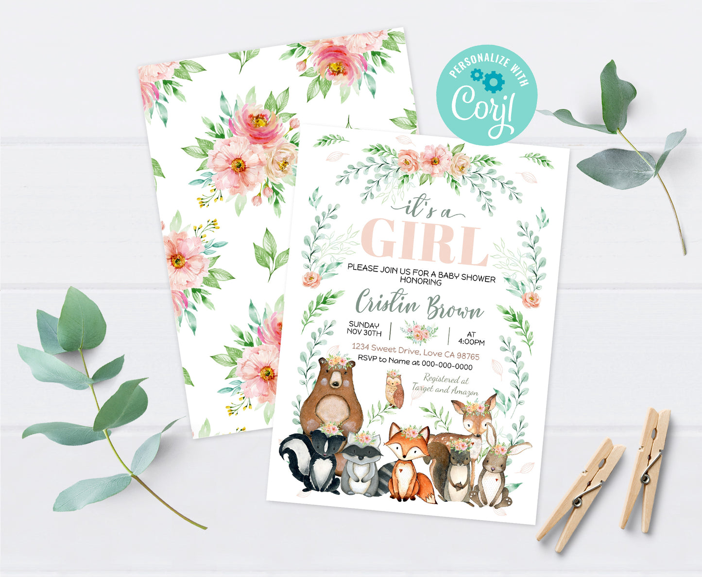 It's a girl Baby Shower Invitation| Woodland Animals Baby Shower Invite - 47J3