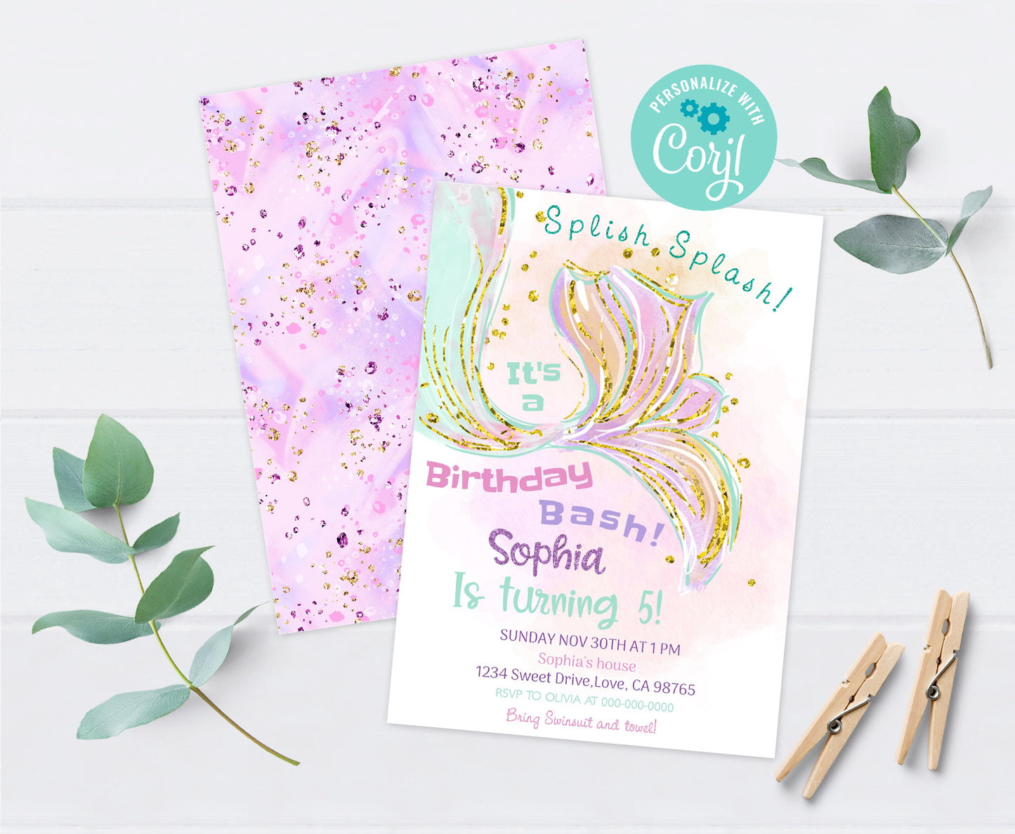 Editable Mermaid Birthday Invitation | Girl Under The Sea Party Invite - 20E