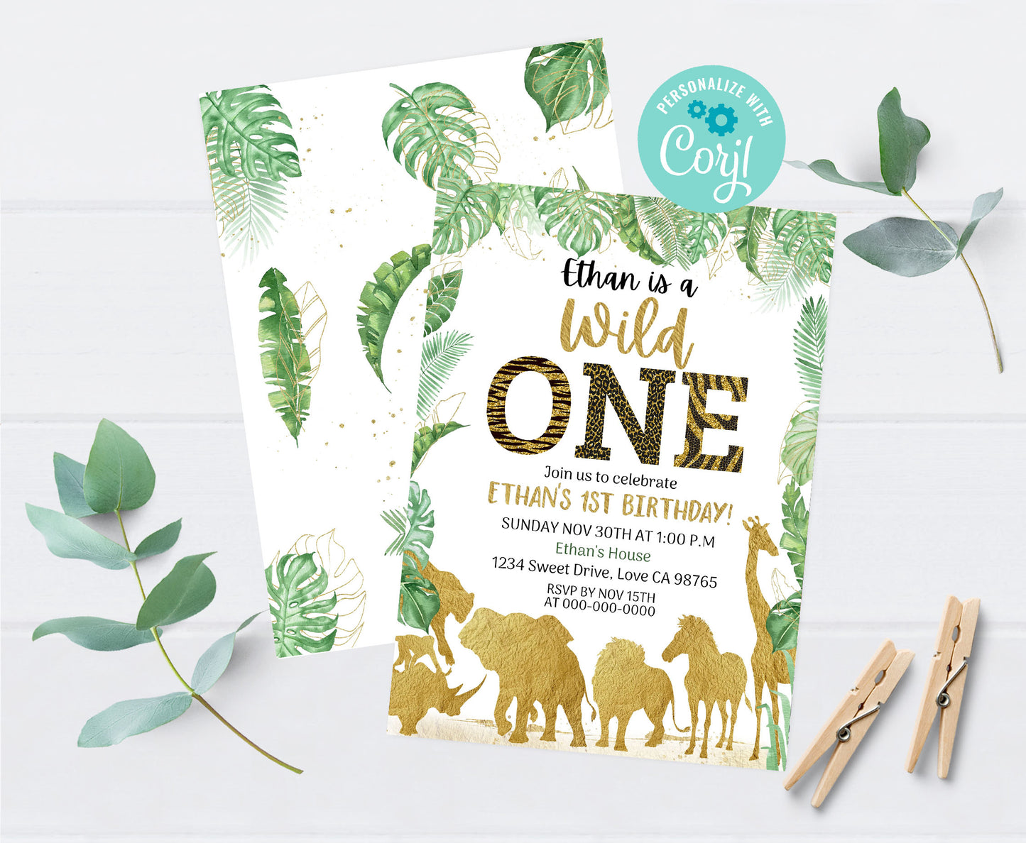 Gold Safari Animals 1st Birthday Invitation | Editable Wild One Birthday Invite - 35K