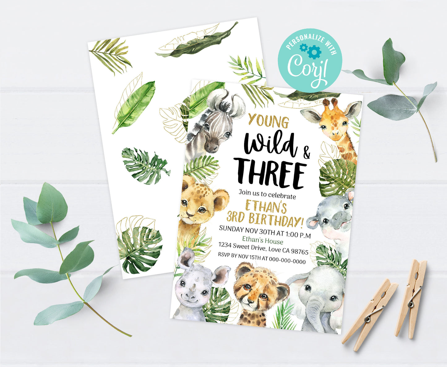 Wild and Three Safari Invitation | Editable Jungle 3rd Birthday Invite - 35A