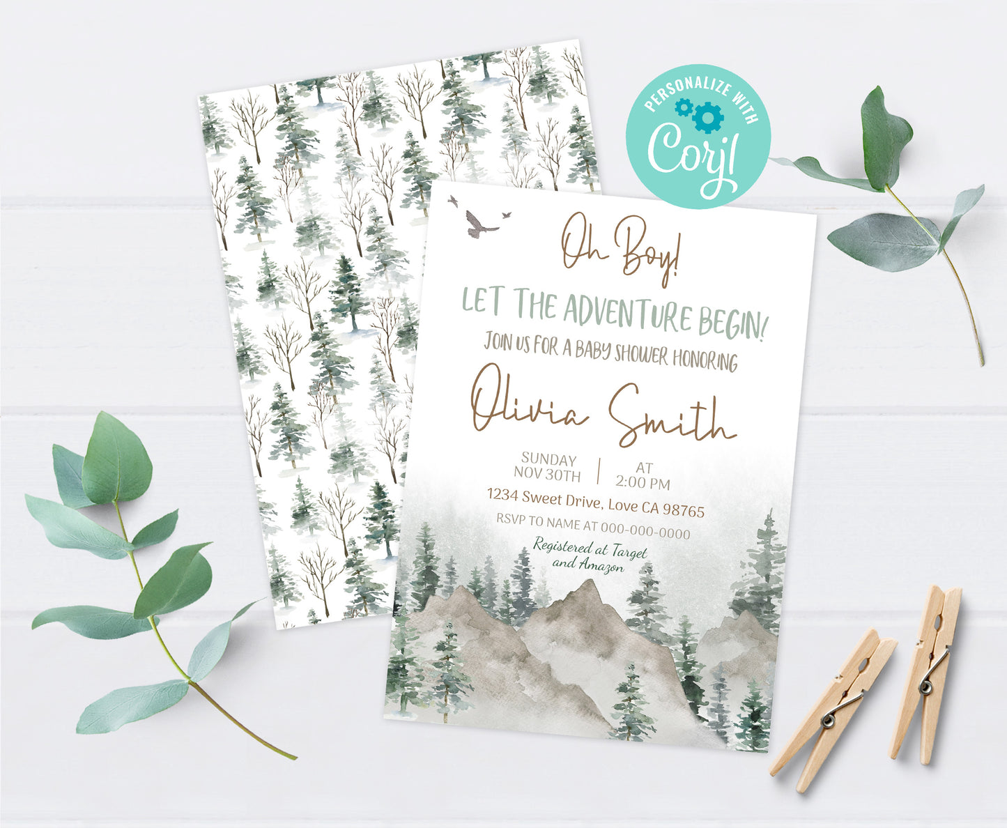 Let The Adventure Begin Invitation | Editable Mountains Baby Shower Invite - 47H