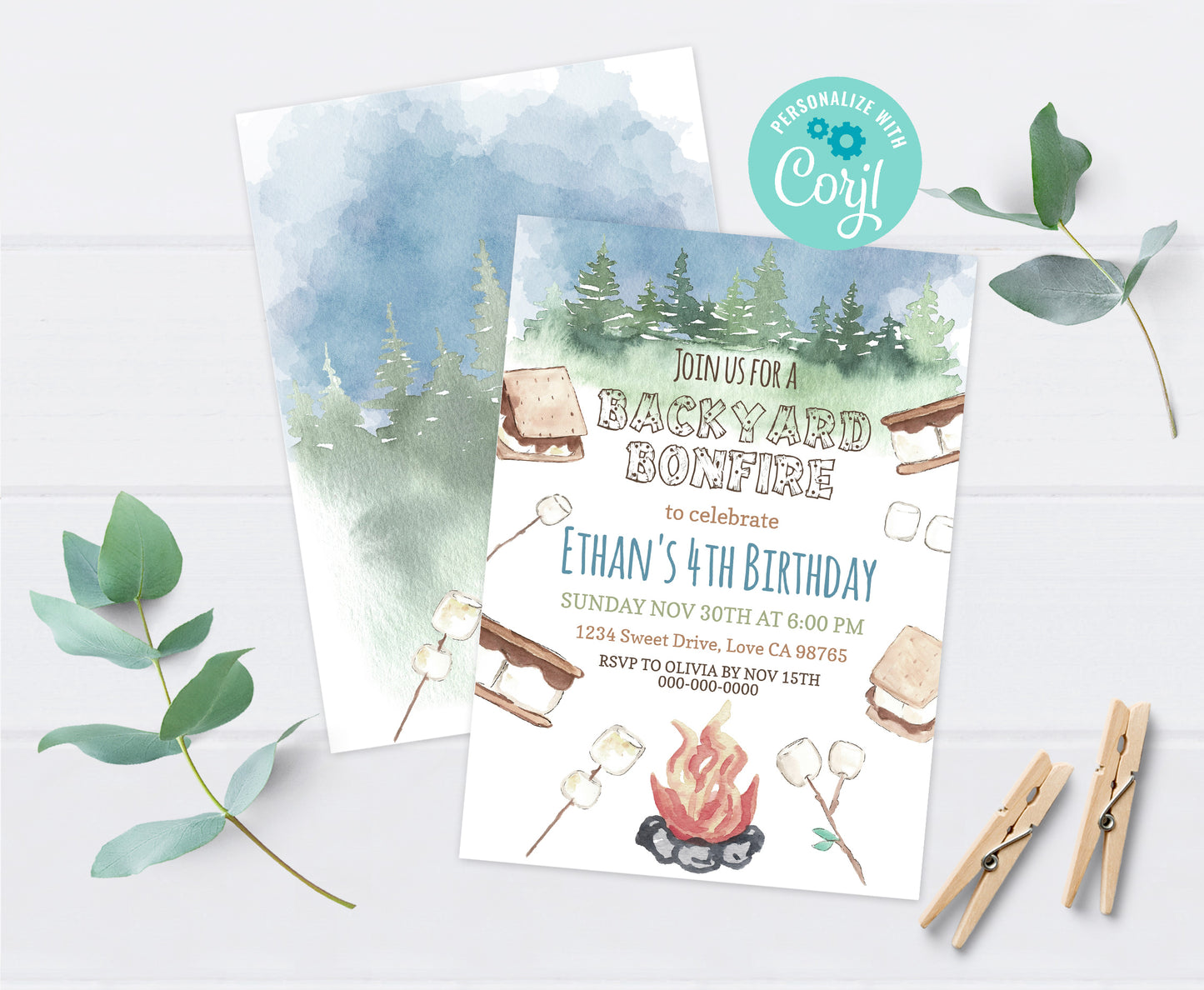 Backyard Bonfire Invitation | Editable Camping Birthday Party Invite - 04A