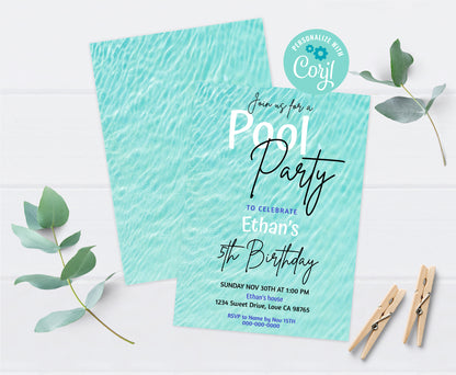 Pool Party Birthday Invitation | Editable Summer Theme Party Invite - 40B
