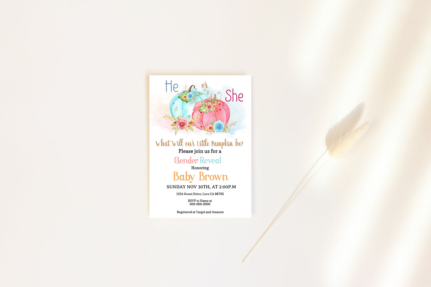 Little Pumpkin Editable He or She? Invitation | Pumpkin Gender Reveal 30A