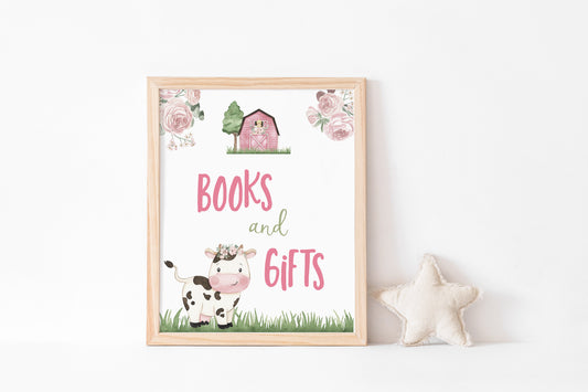 Cow Girl Book and Gifts Sign | Floral Farm Baby Shower Decorations - 11A