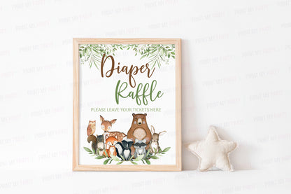 Woodland Diaper Raffle Sign and Ticket Card | Forest Animals Baby Shower Game Printable - 47J0