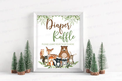 Woodland Diaper Raffle Sign and Ticket Card | Forest Animals Baby Shower Game Printable - 47J0