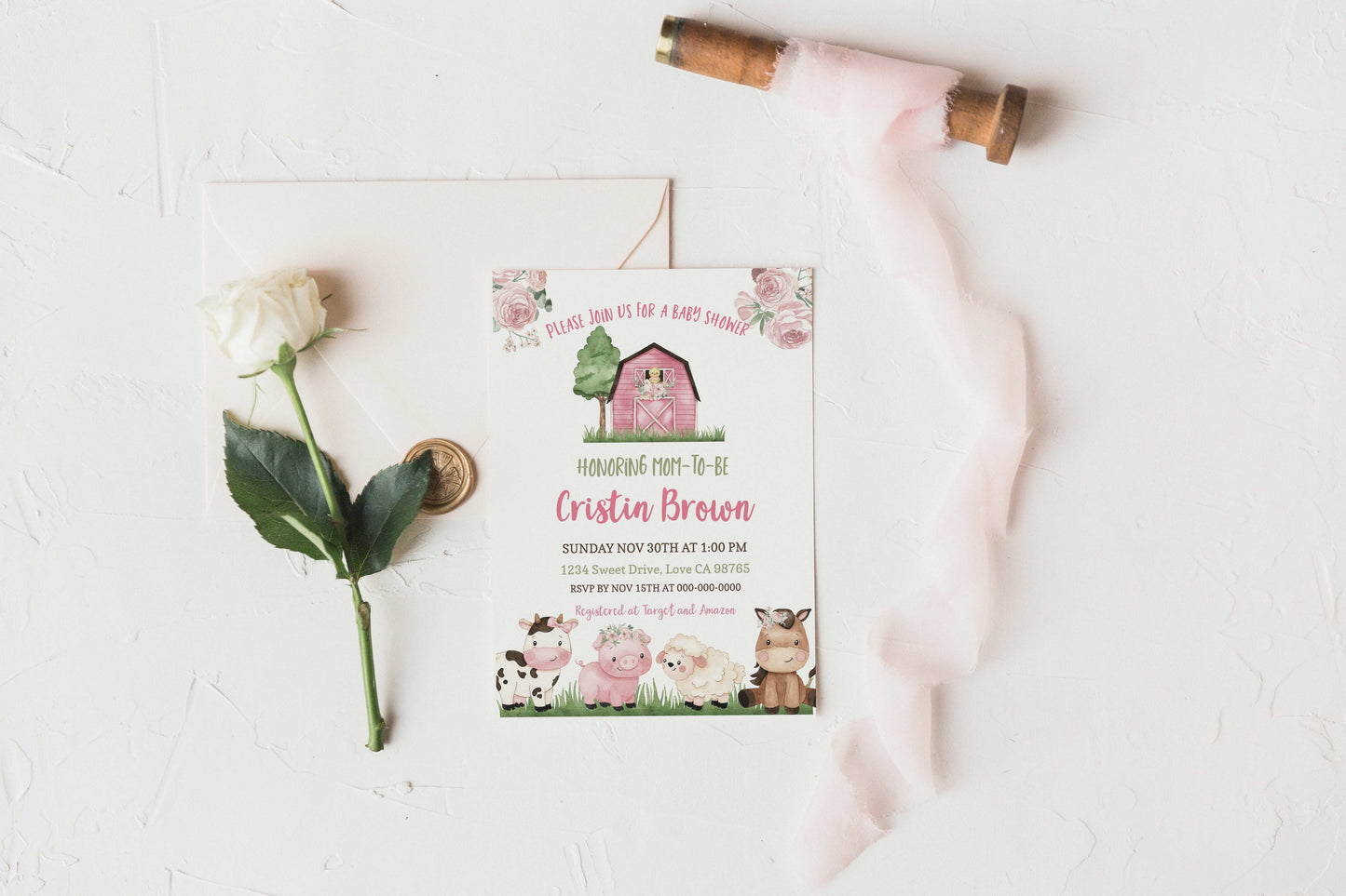 Floral Farm Baby Shower Invitation | Girl Barnyard Baby Shower Invite - 11A