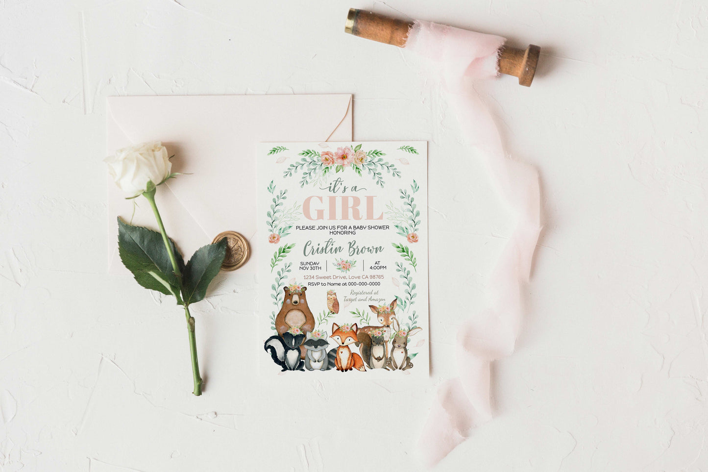 It's a girl Baby Shower Invitation| Woodland Animals Baby Shower Invite - 47J3