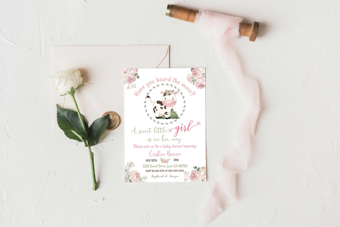 Floral Cow Baby Shower Invitation | Farm Girl Shower Invite - 11A