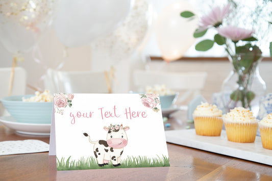 Floral Cow Place Cards | Girl Farm Table Decorations - 11A