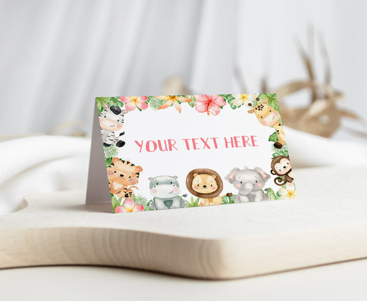 Girl Safari Animals Place Cards | Editable Jungle Party Decorations - 35E