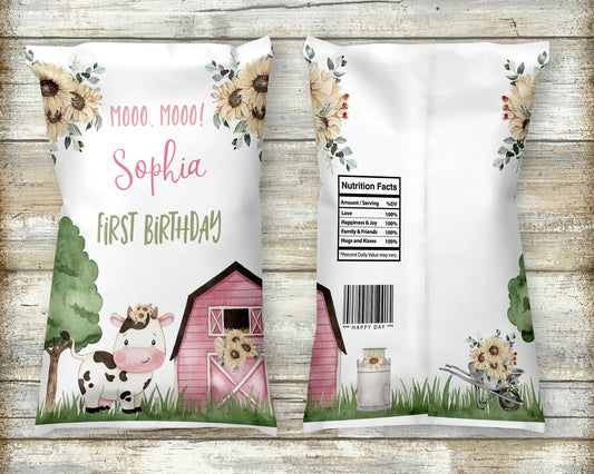 Editable Sunflower Cow Chip Bag Wrapper | FlorAL Farm Theme Birthday Party Decorations - 11G