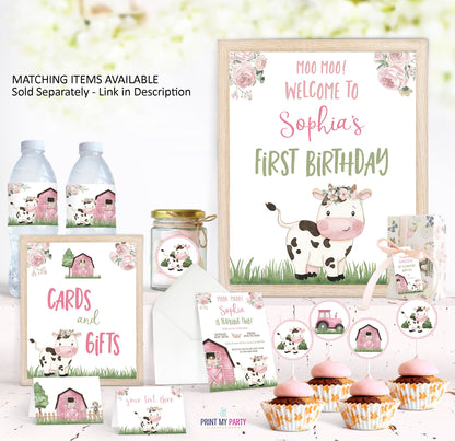 Floral Cow Cake topper 2 | Girl Farm 2nd Birthday Party Decorations - 11A