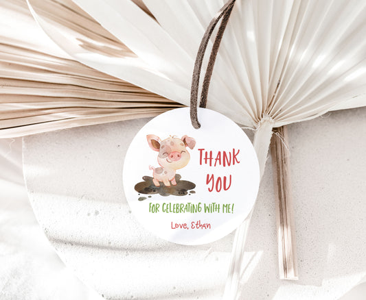 Editable Pig Thank you round tag 2"x2" Tag | Far Gift Tag - 11D