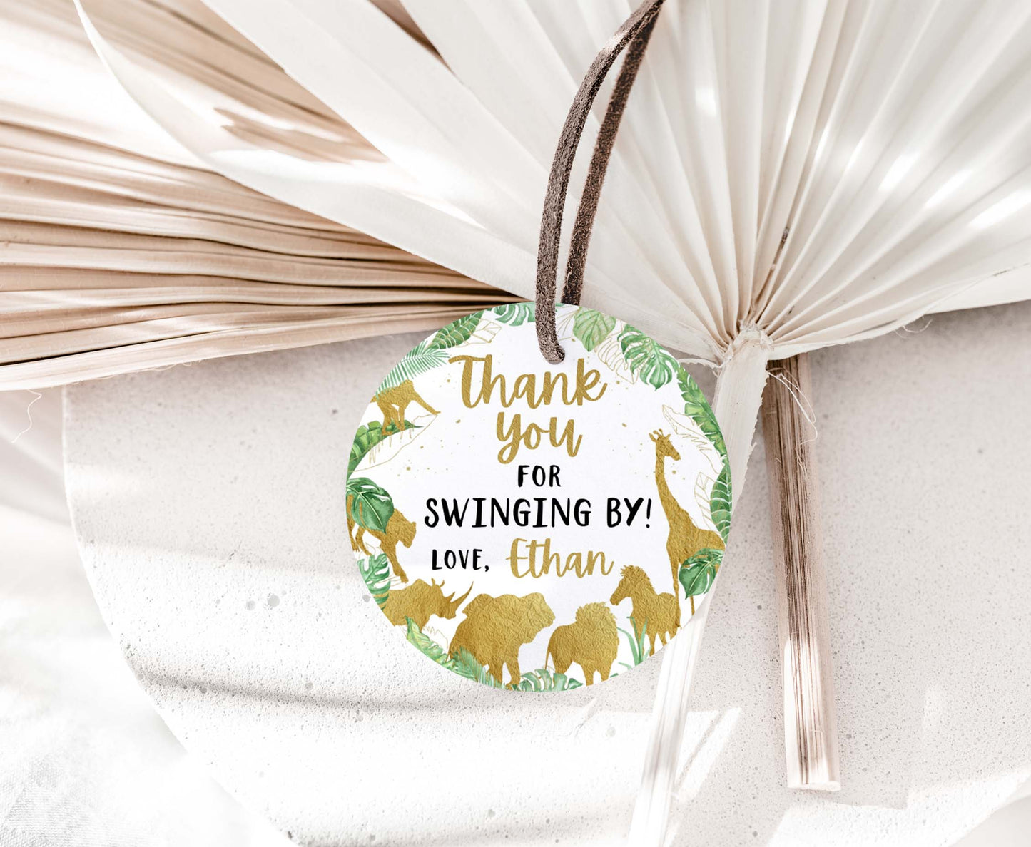 Editable Thank you for swinging by round tag 2"x2" Tag | Gold safari Gift Tag - 35K