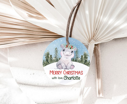 Merry Christmas  2"x2" Tag round and square| Editable Hippo Christmas Gift Tag - 112