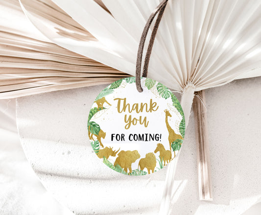 Gold Safari Thank You Round Tags 2"x2" | Jungle Themed Party Decorations - 35K