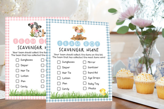 Farm Gender Reveal Game | Barnyard Team Boy Team Girl Scavenger Hunt Printable - 11C3