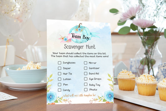 Pumpkin Gender Reveal Game | Fall Team Boy Team Girl Scavenger Hunt Printable - 30A