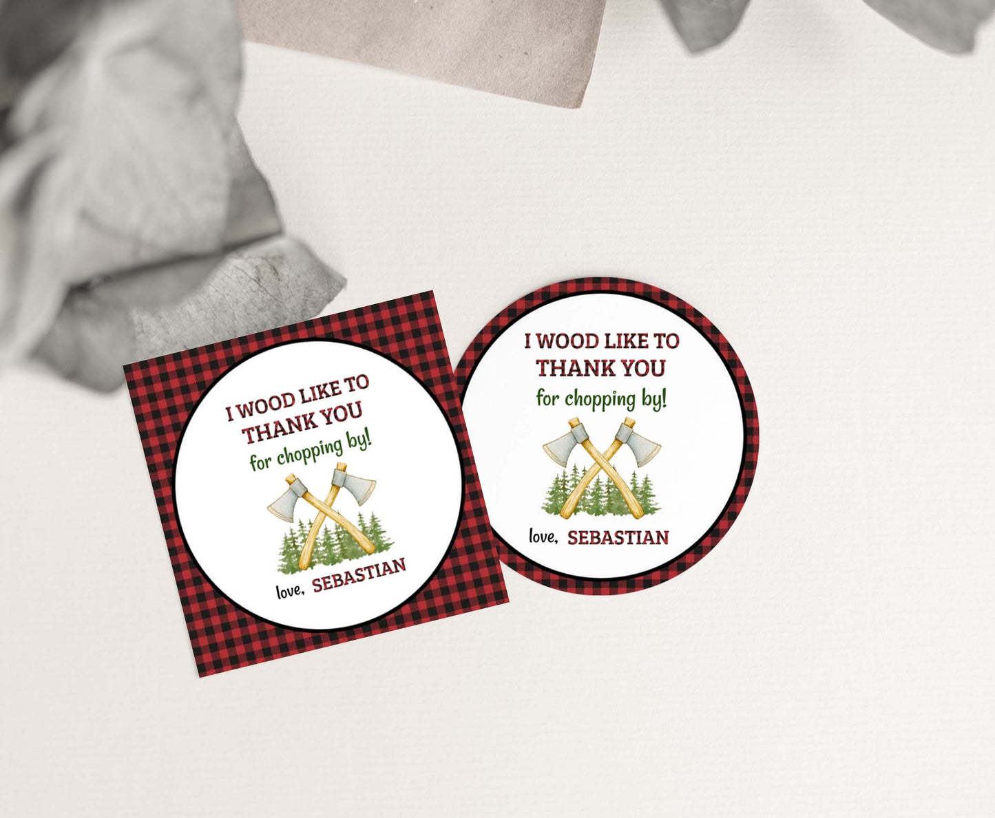Editable Lumberjack Thank You Tags 2"x2" Round and Square | Lumberjack Birthday Party Decorations - 19A