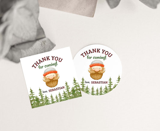 Editable Lumberjack Thank You Tags 2"x2" Round and Square | Lumberjack Birthday Party Decorations - 19A