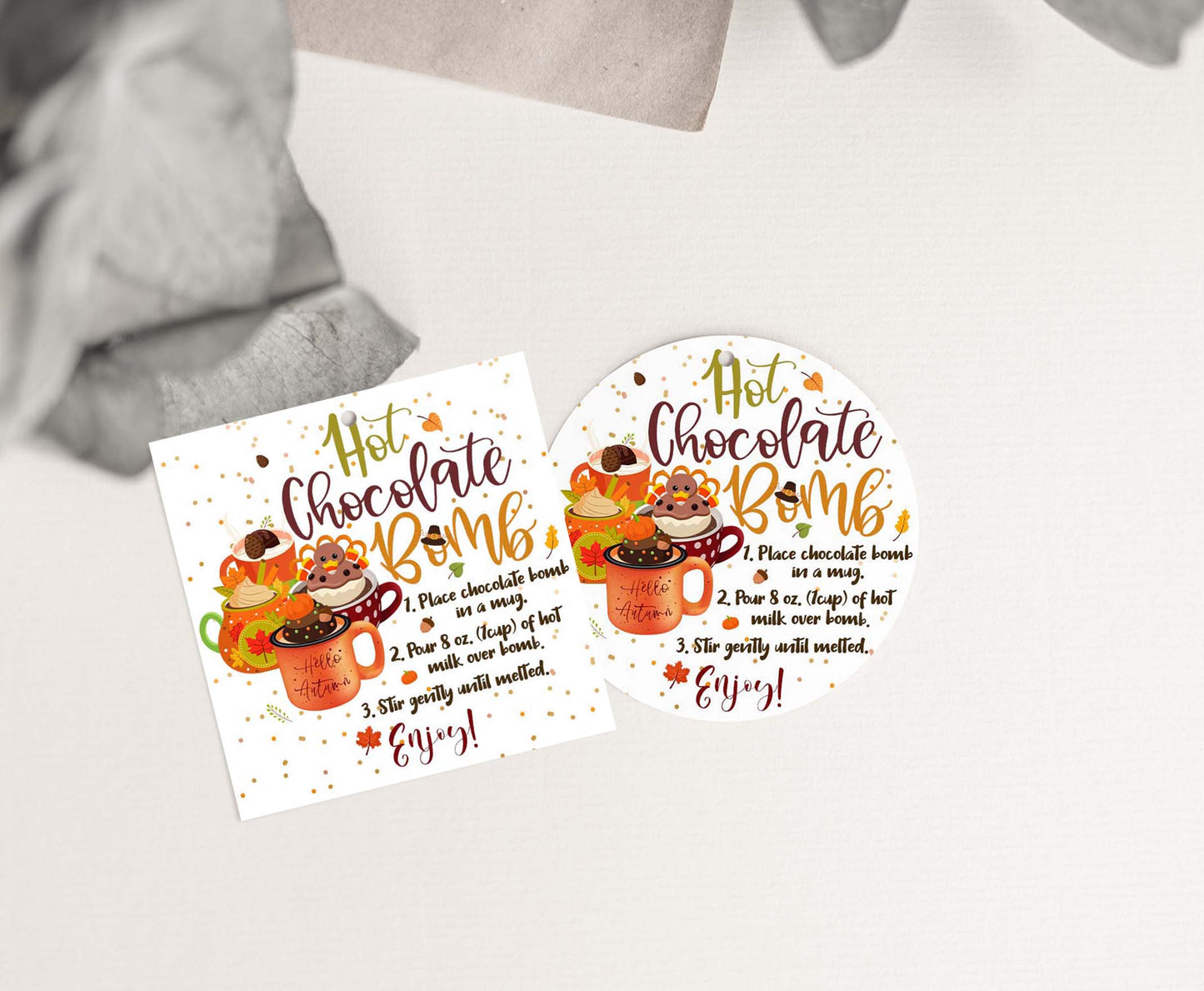 Turkey Hot Chocolate Bomb Instructions Tags 2"x2" | Fall Gift Tags- 118