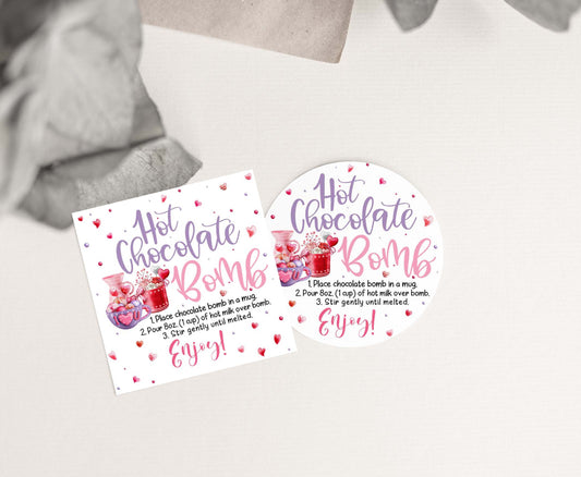 Hot Chocolate Bomb Tags 2"x2" | Valentine's Square around Tags - 119