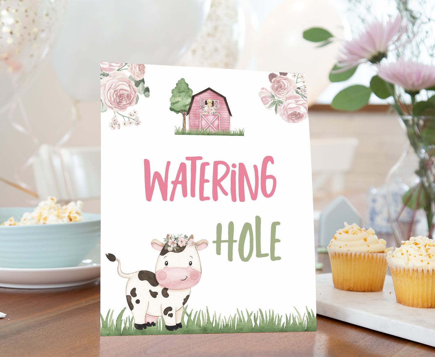 Cow Watering Hole Sign Printable | Girl Farm Party Table Decoration - 11A