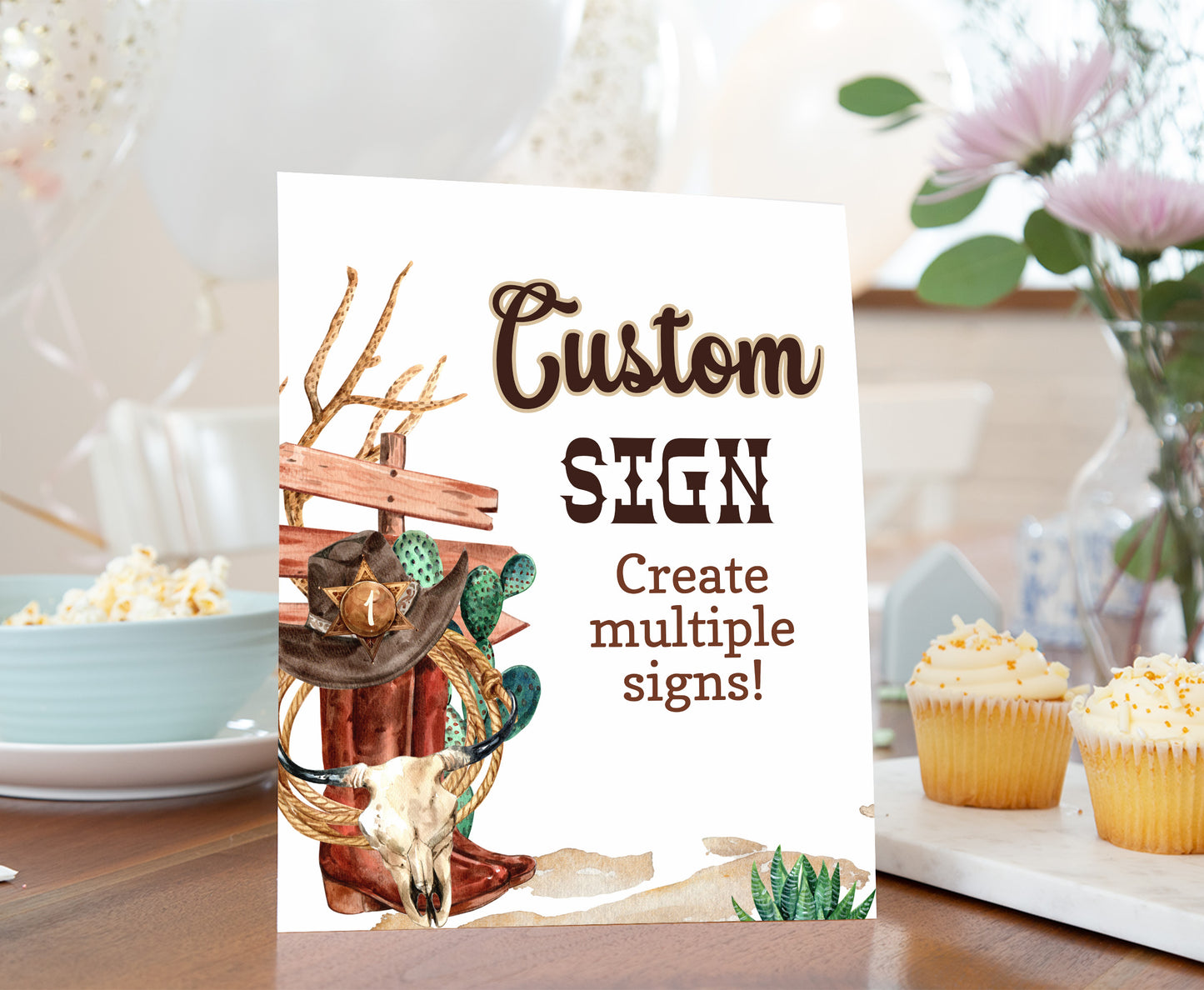 Custom Rodeo Table Sign | Editable Cow boy Party Decorations - 34A