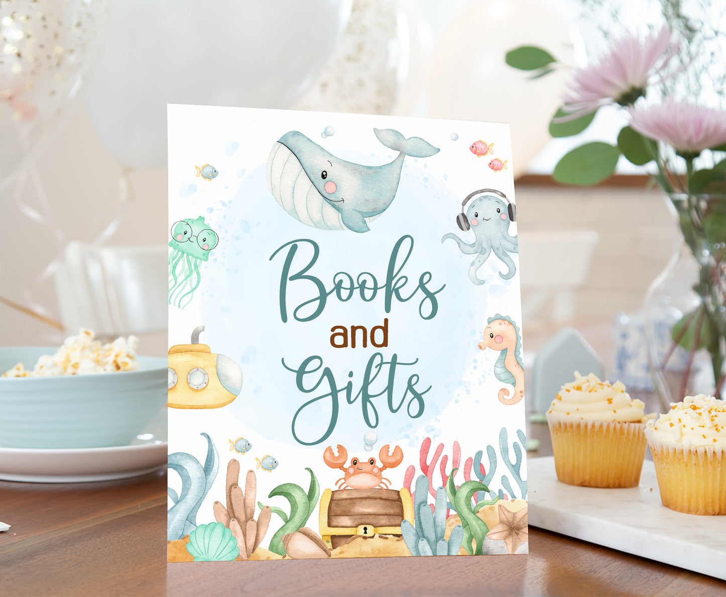 Under the Sea Books and Gifts Sign | Ocean Themed Party Table Decorations - 44A