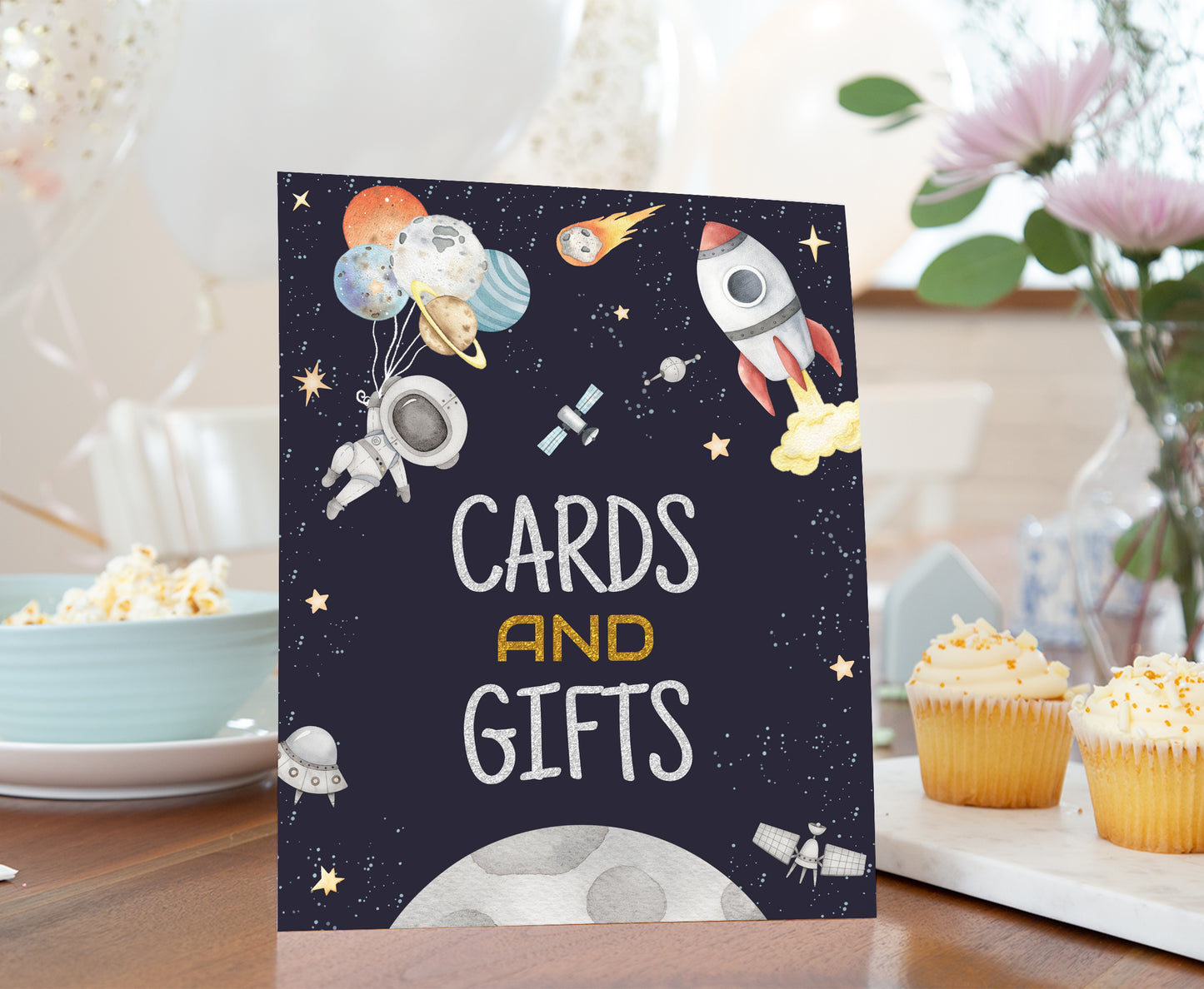 Space Cards and Gifts Sign | Astronaut Themed Party Table Decorations - 39C