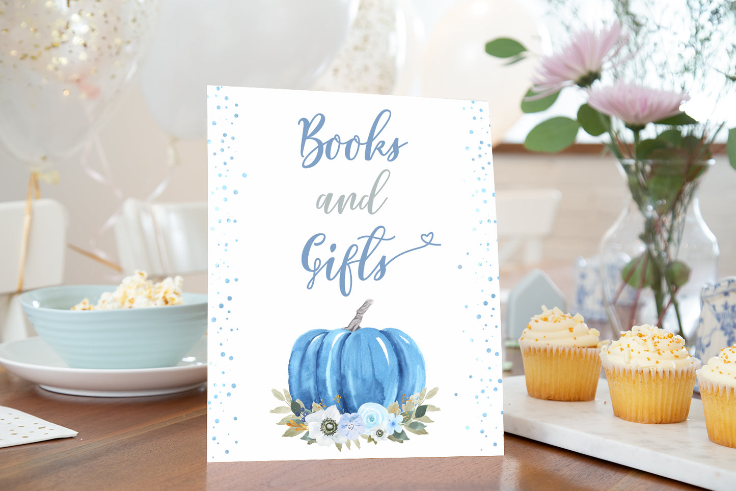 Blue Pumpkin Books and Gifts Sign Printable | Fall theme Baby Shower Table Decoration - 30B