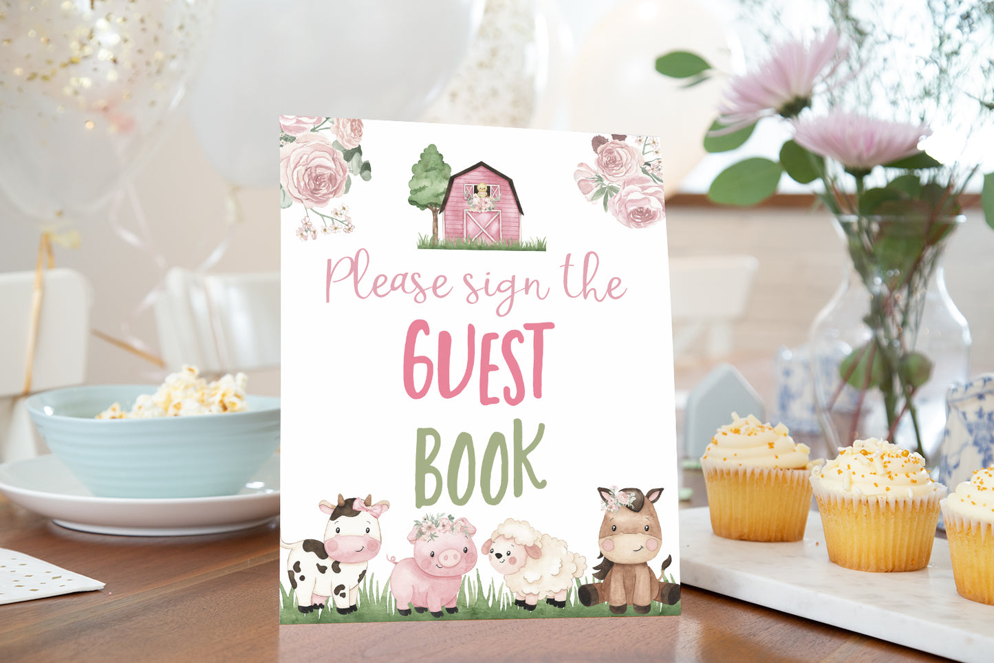 Guest Book Sign Printable | Girl Farm Party Table Decoration - 11A