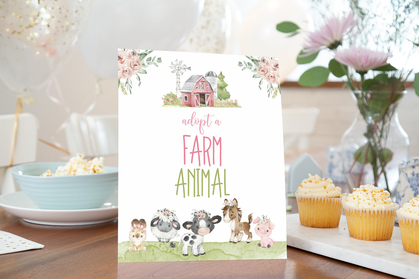 Adopt a farm animals Sign Printable | Floral Farm Party Table Decoration - 11C1