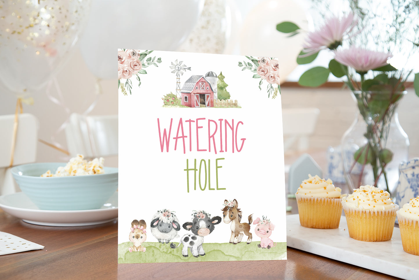 Watering Hole Sign Printable | Floral Farm Party Table Decoration - 11C1