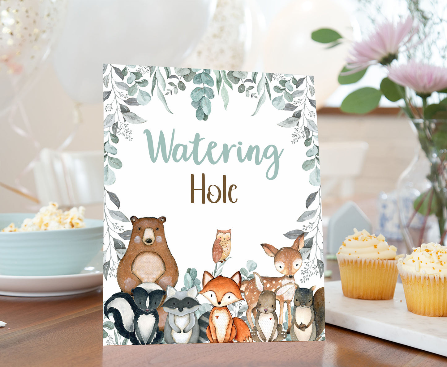 Woodland Watering Hole Sign | Forest Themed Party Table Decorations - 47J1