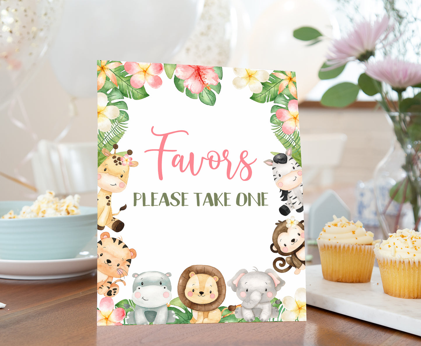 Safari Favors Sign | Girl Jungle Animals Party Table Decorations - 35E