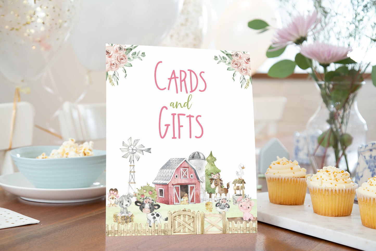 Cards and Gifts Sign Printable | Pink Farm Party Table Decoration - 11C1