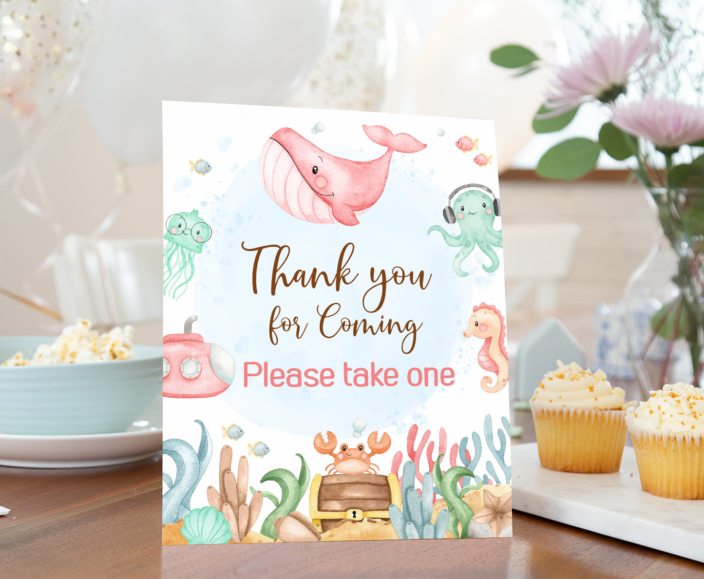 Girl Under the Sea Thank you for Coming Sign | Ocean Themed Party Table Decorations - 44A