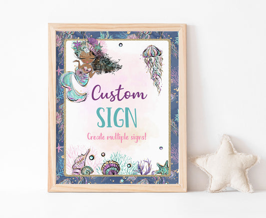 Custom Mermaid Table Sign | Editable Girl Under The Sea Party Decorations - 20B1