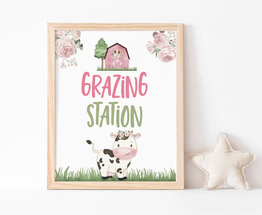 Cow Grazing Station Sign Printable | Girl Farm Party Table Decoration - 11A