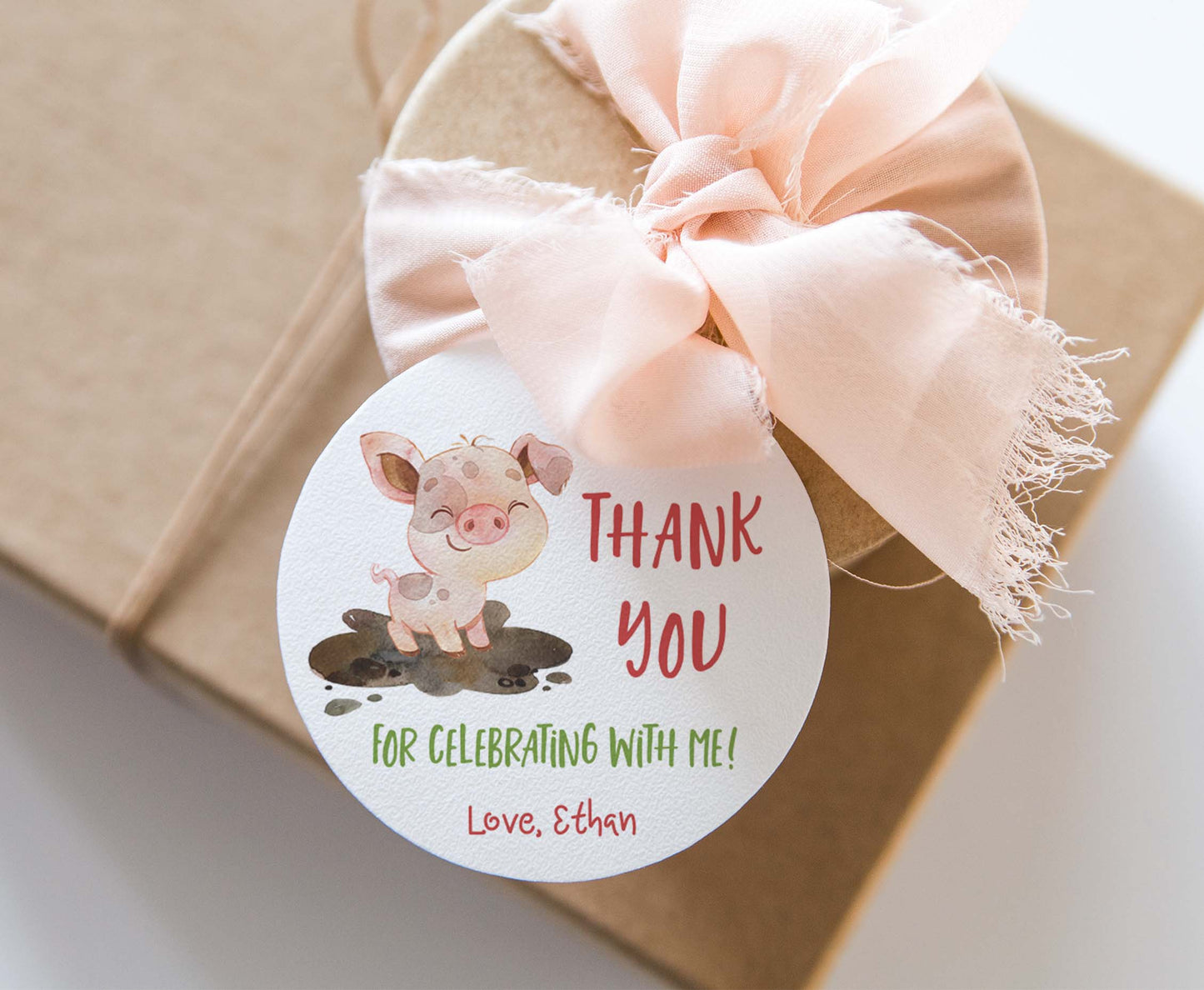 Editable Pig Thank you round tag 2"x2" Tag | Far Gift Tag - 11D