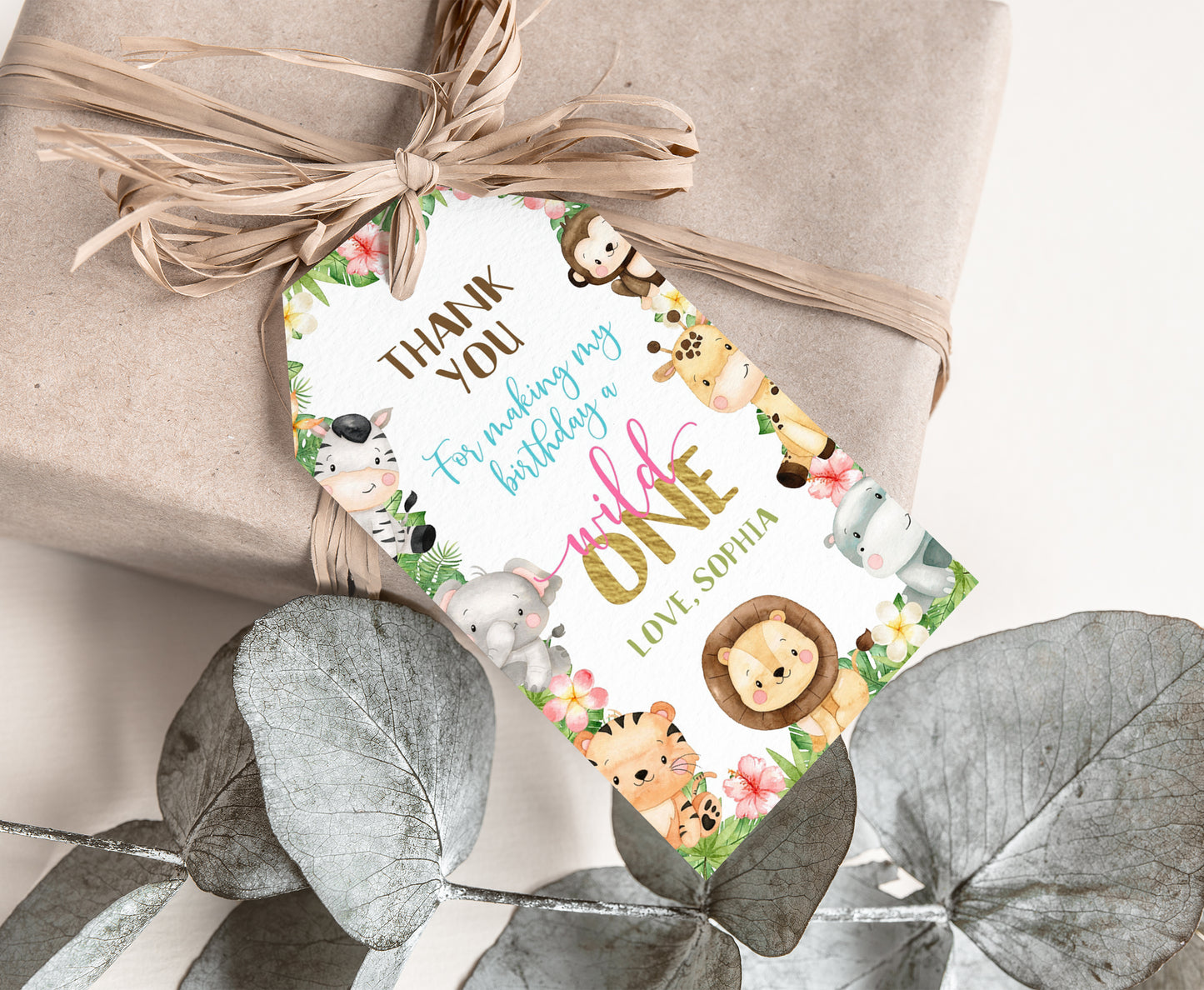 Girl Safari 1st Birthday Thank You Tags | Editable Jungle birthday party tags - 35E