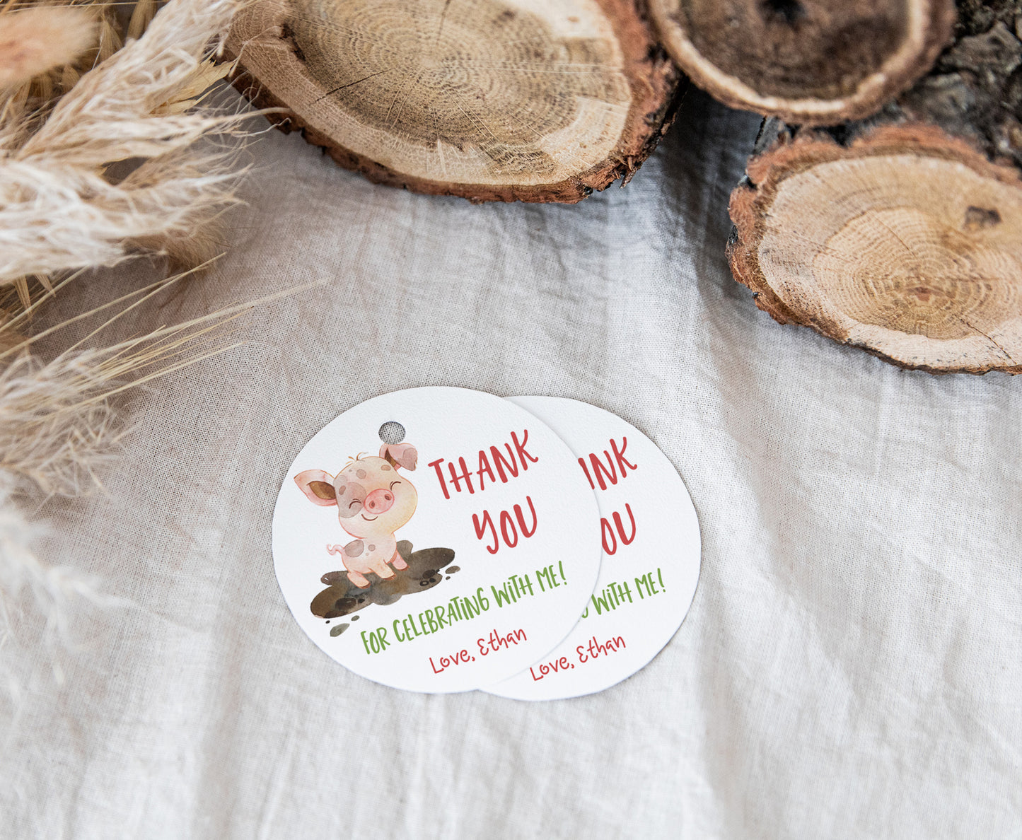Editable Pig Thank you round tag 2"x2" Tag | Far Gift Tag - 11D