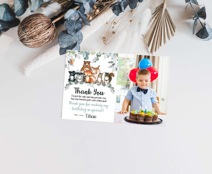 Greenery Woodland Photo Thank You Card | Editable Forest Birthday Thank You Note - 47J1